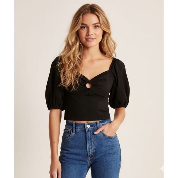 Abercrombie & Fitch Tops - NWT Abercrombie & Fitch Black Keyhole Puff Sleeve Crop Top Size Large